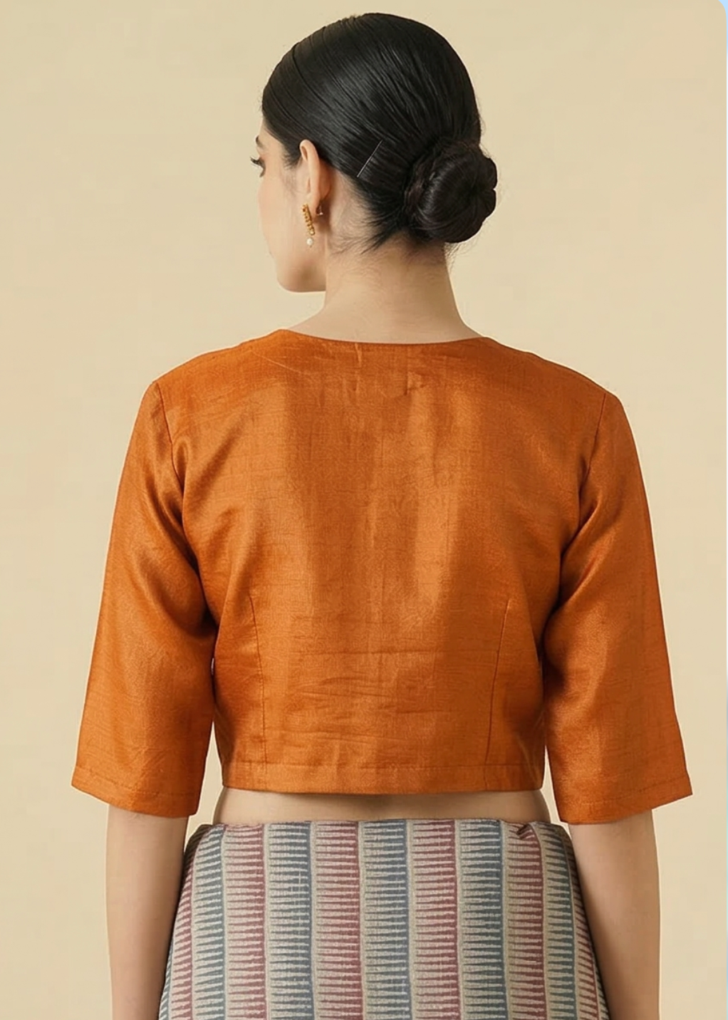 Rust Orange Tussar Blouse With Wooden Button