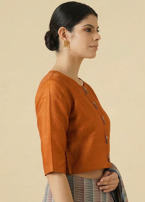 Rust Orange Tussar Blouse With Wooden Button