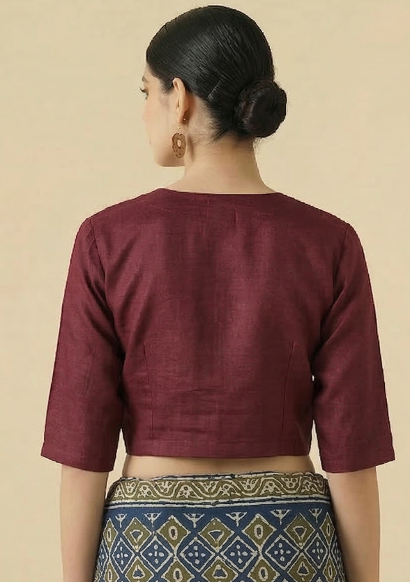 Wine Tussar Blouse With Wooden Button