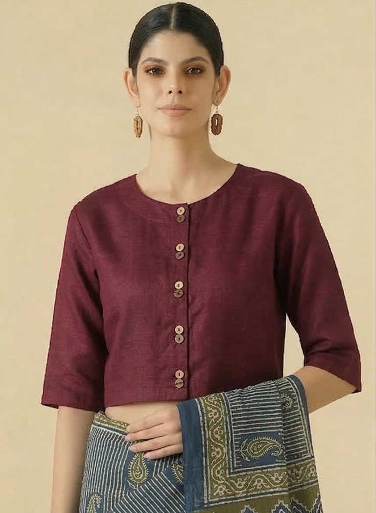Wine Tussar Blouse With Wooden Button