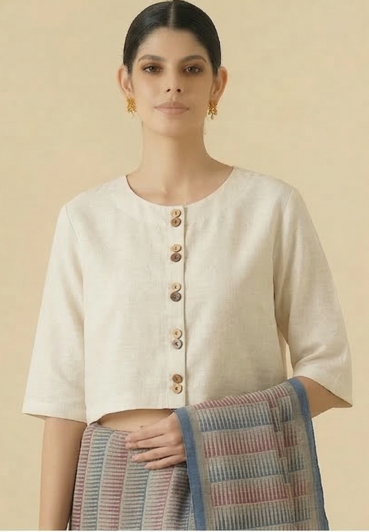 White Linen Blouse With Wooden Buttons