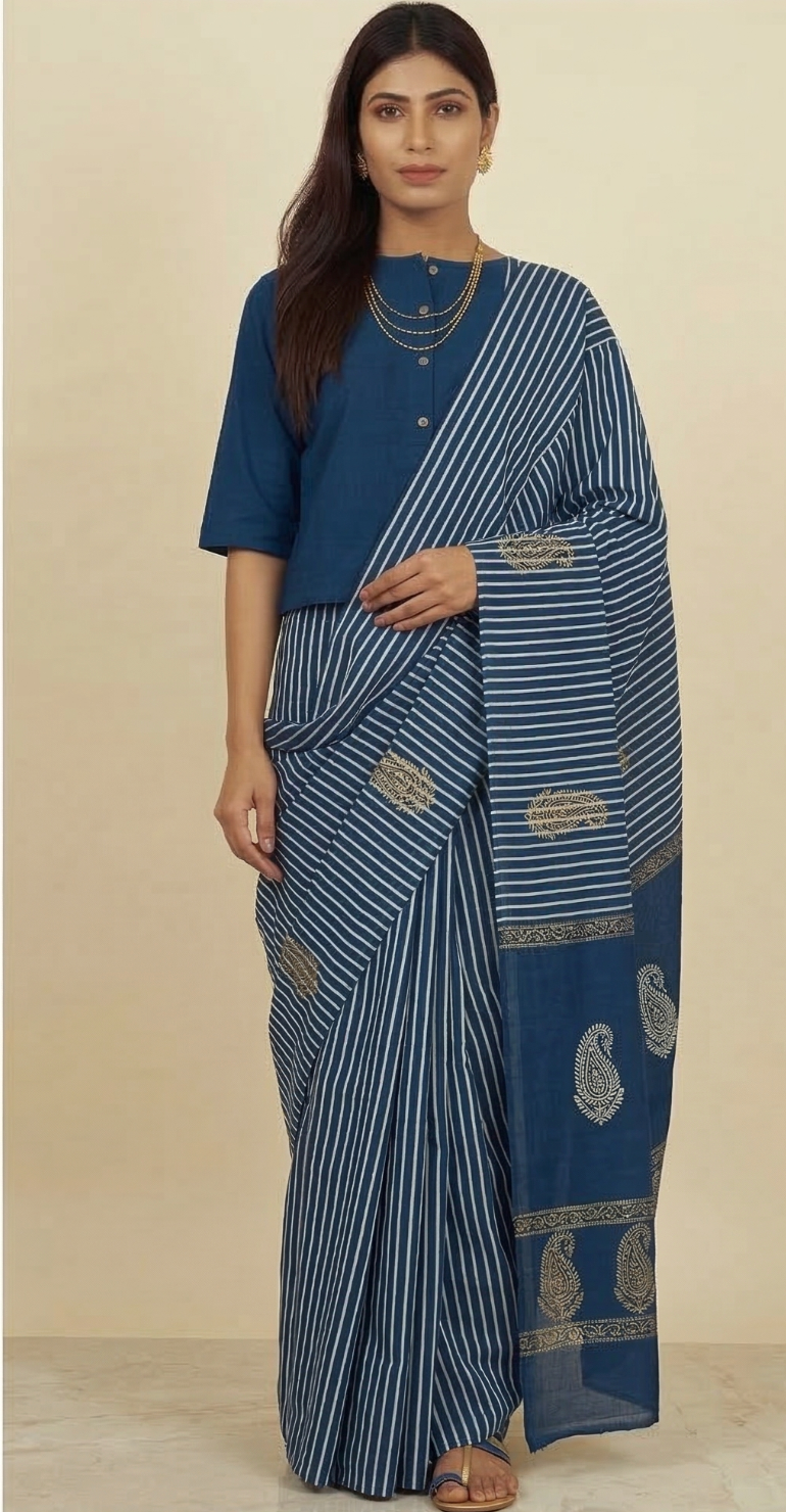 White Stripe Blue Cotton Blouse