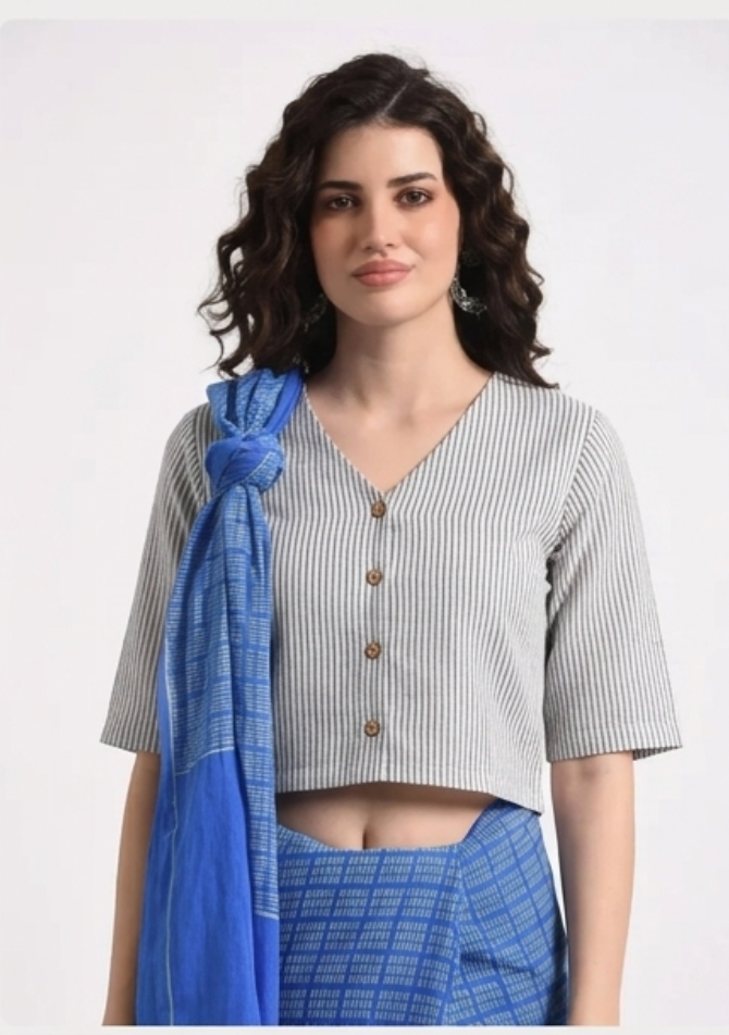 Stripe Cotton Blouse V neck with Wooden Button