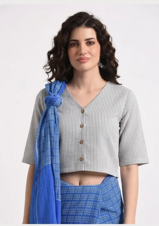 Stripe Cotton Blouse V neck with Wooden Button