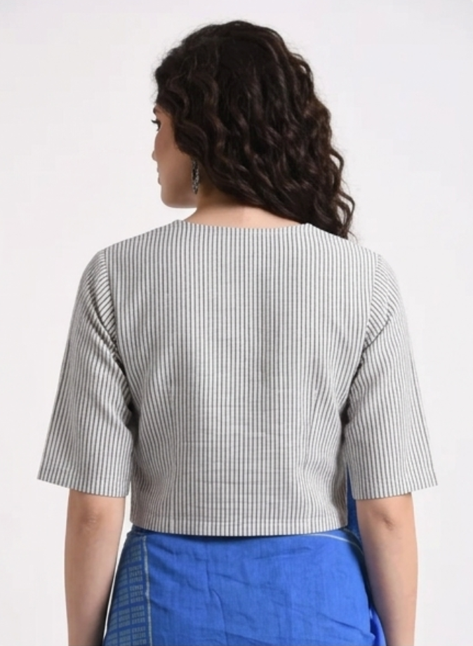 Stripe Cotton Blouse V neck with Wooden Button