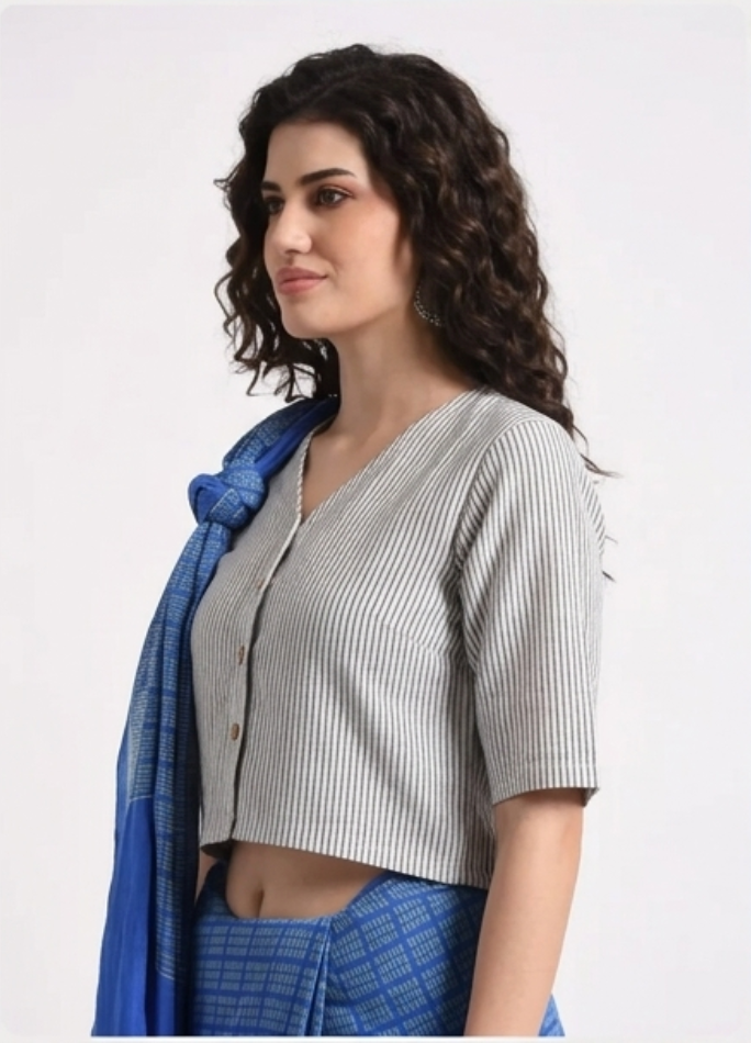 Stripe Cotton Blouse V neck with Wooden Button