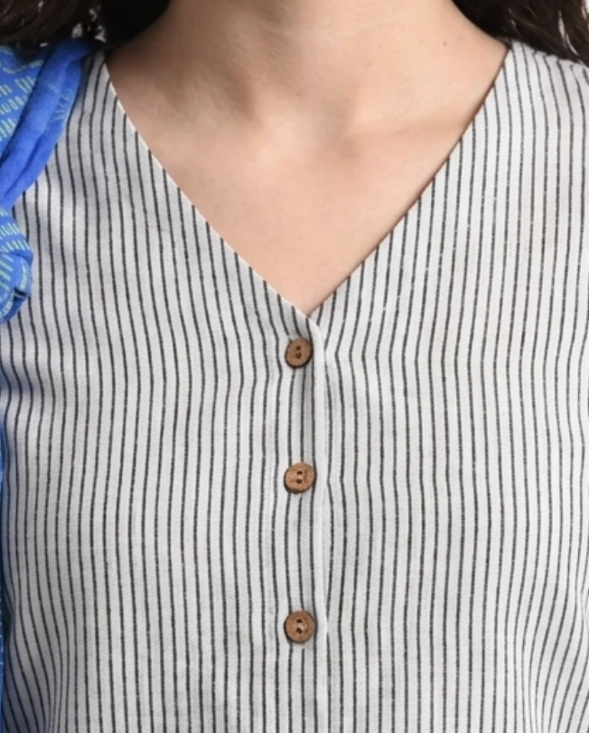 Stripe Cotton Blouse V neck with Wooden Button