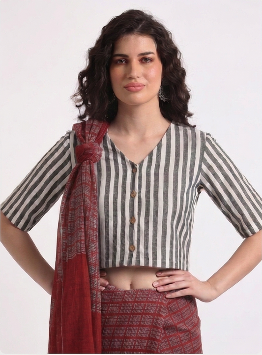 Grey Stripe Cotton Blouse V neck with Wooden Button