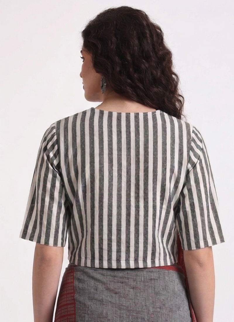 Grey Stripe Cotton Blouse V neck with Wooden Button
