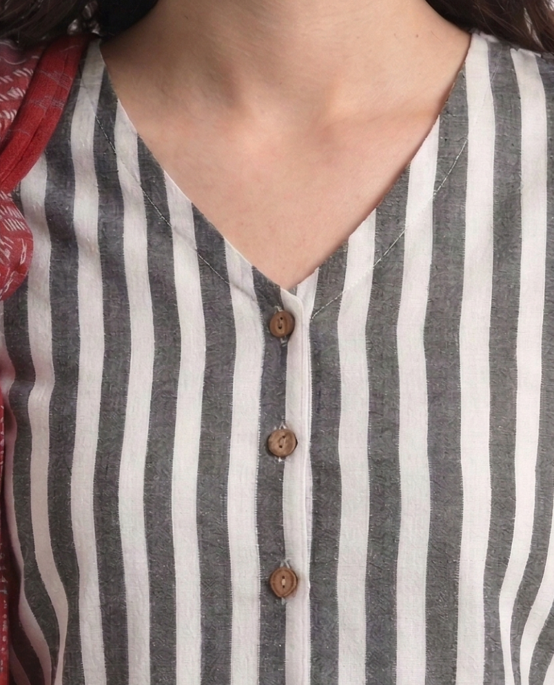 Grey Stripe Cotton Blouse V neck with Wooden Button