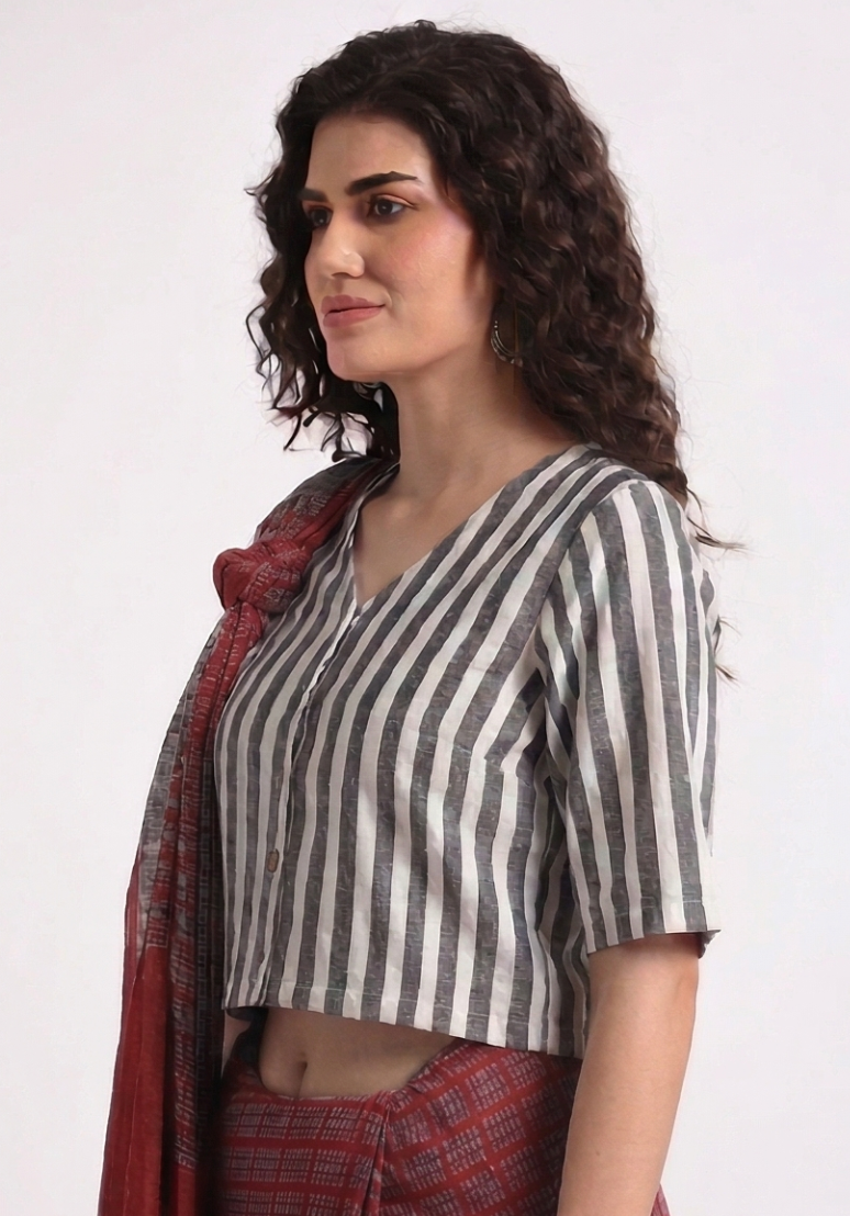 Grey Stripe Cotton Blouse V neck with Wooden Button