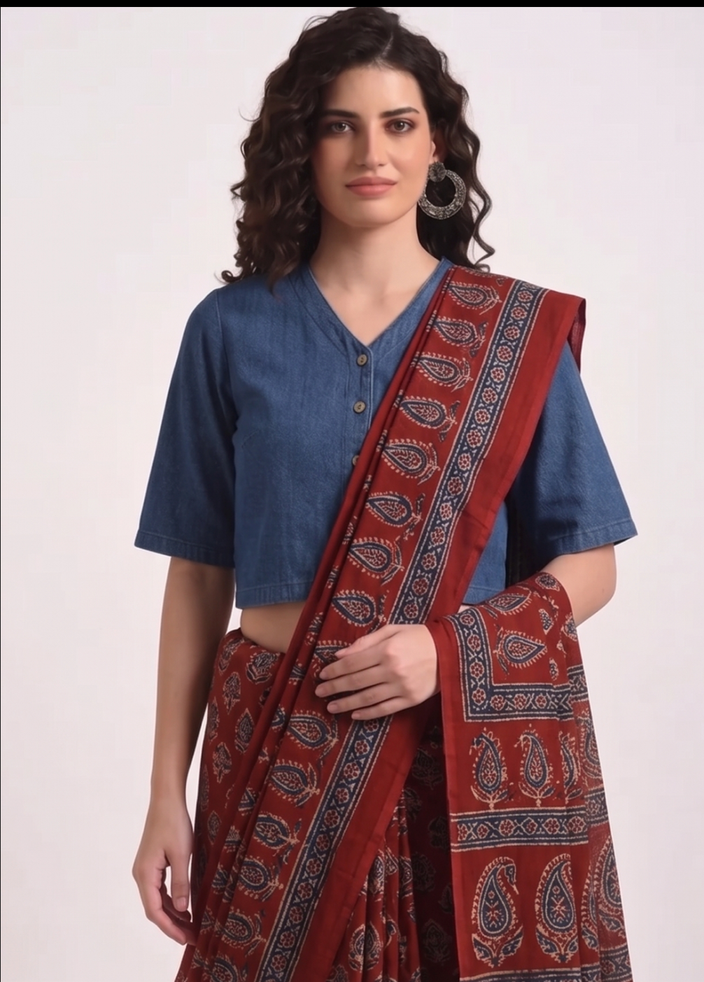Denim Blue Cotton V neck Blouse
