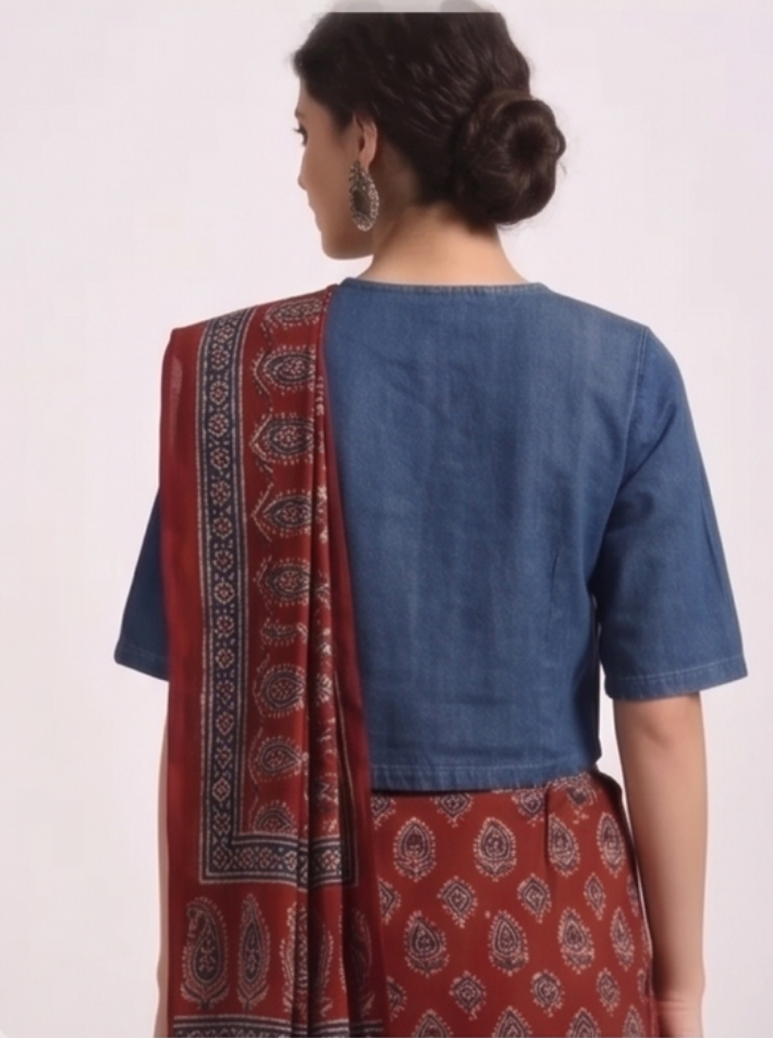 Denim Blue Cotton V neck Blouse