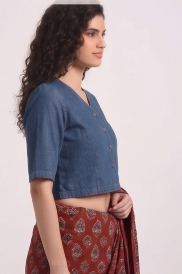 Denim Blue Cotton V neck Blouse