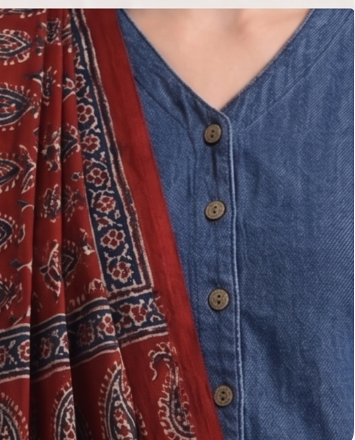 Denim Blue Cotton V neck Blouse