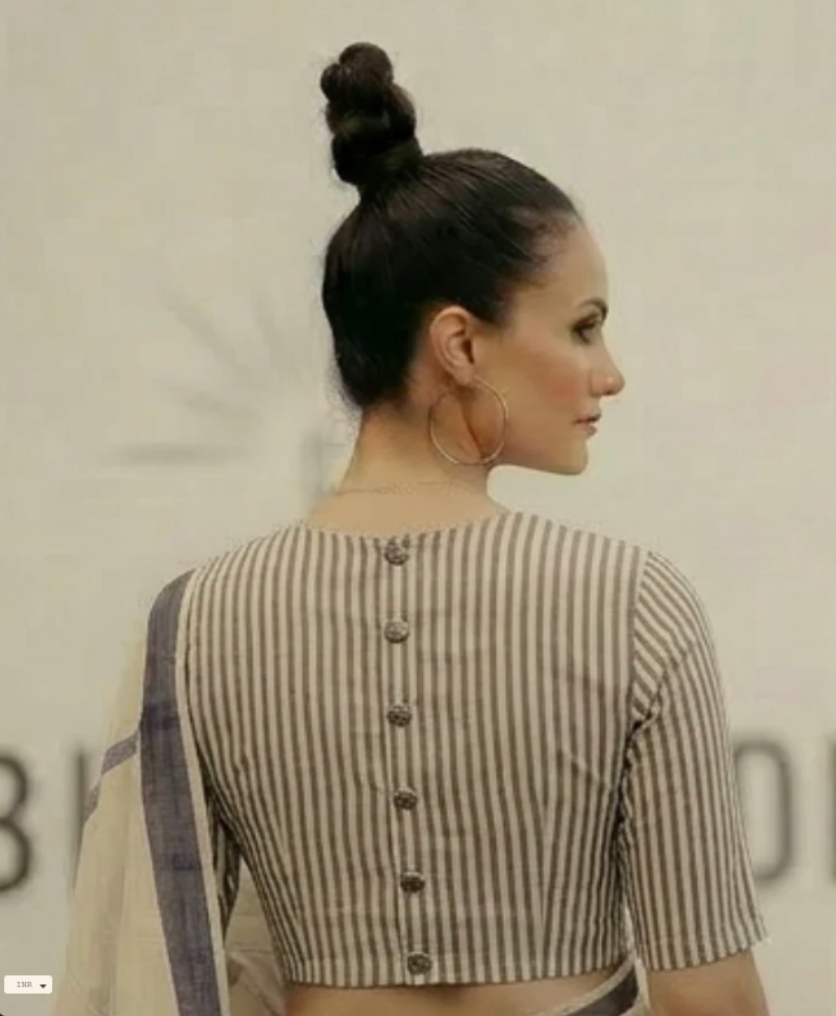 Beige and Navy Blue Stripe Cotton Blouse with  Back Button