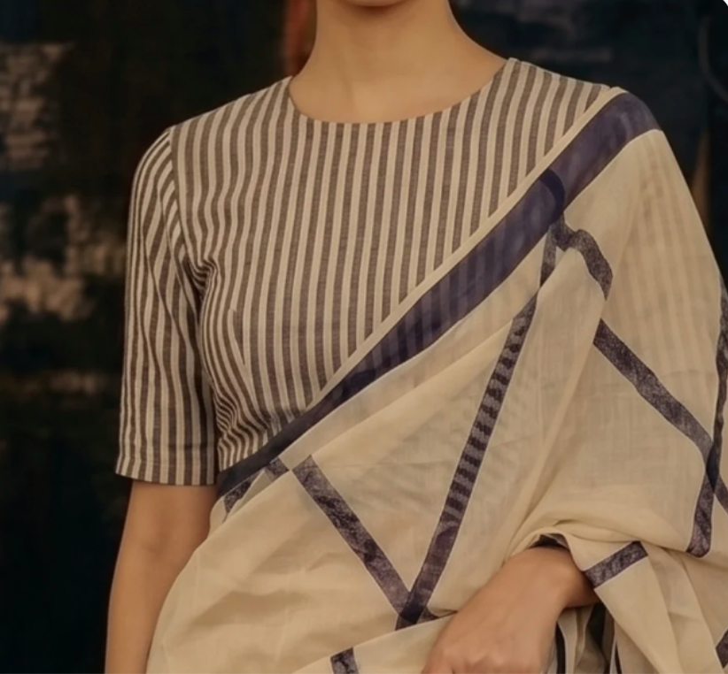 Beige and Navy Blue Stripe Cotton Blouse with  Back Button