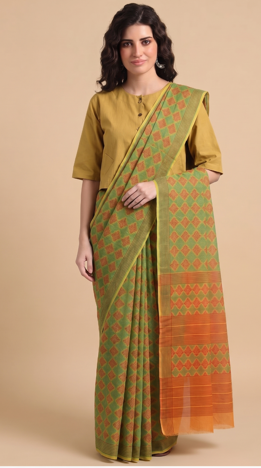 Lime Kota Doria Saree