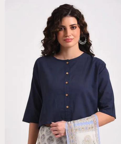 Saaz Fuschia Cotton Saree with Navy Blouse (Set of 2)
