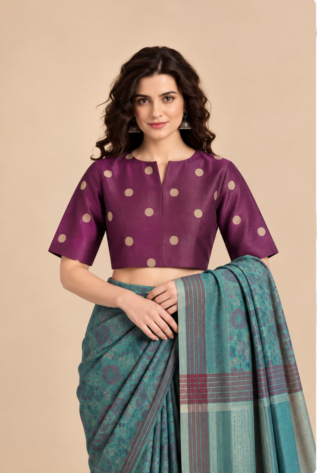 Wine Tussar Polka Blouse With Lining and Back Button