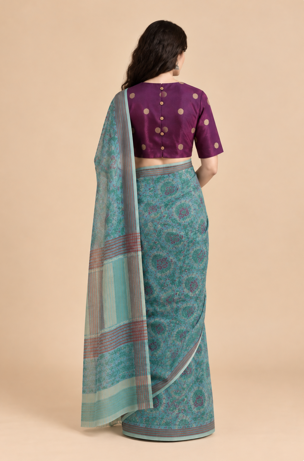 Aqua Kota Doria Jaal Saree with Purple Tussar Polka Dot Blouse (Set of 2)