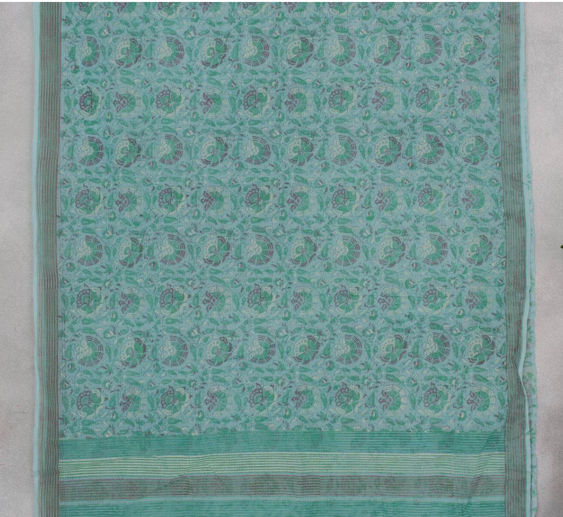 Aqua Kota Doria Jaal Saree with Purple Tussar Polka Dot Blouse (Set of 2)