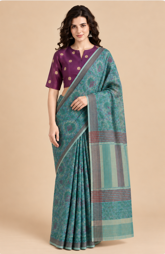 Aqua Kota Doria Jaal Saree with Purple Tussar Polka Dot Blouse (Set of 2)