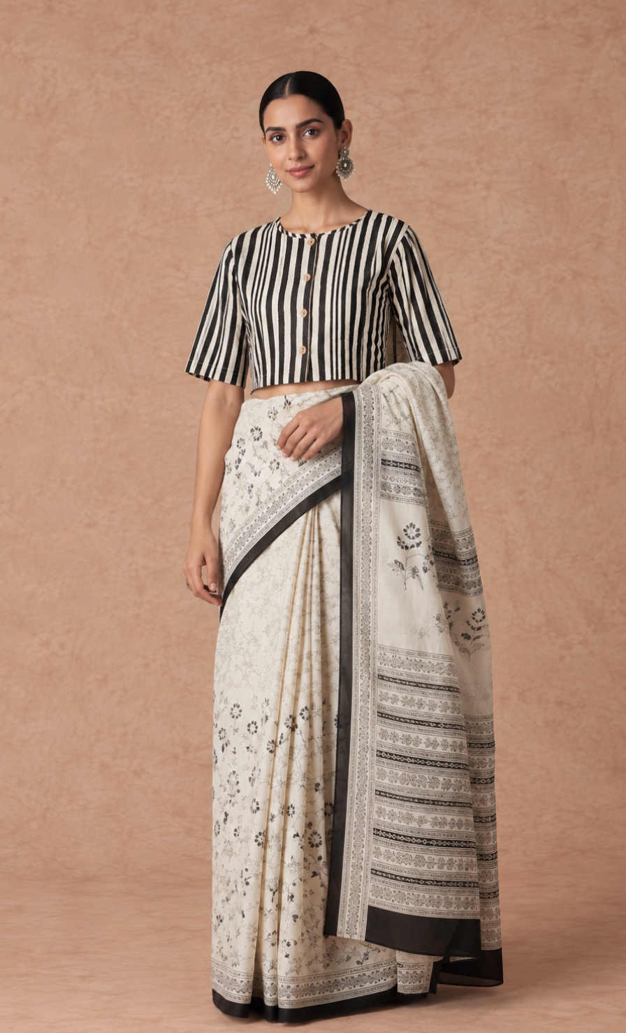 Off White Mughal Jaal Cotton Saree with Cotton Striped blouse (Set of 2)
