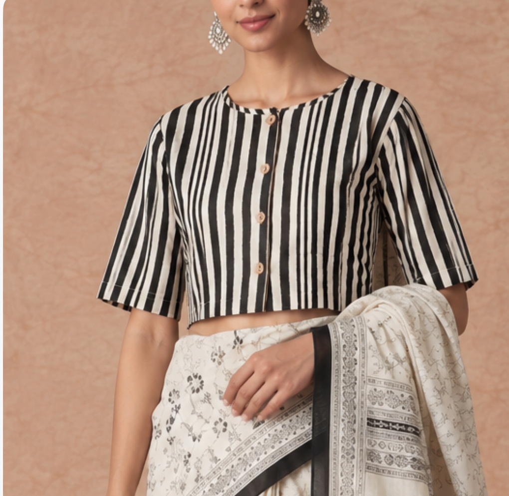 Off White Mughal Jaal Cotton Saree with Cotton Striped blouse (Set of 2)