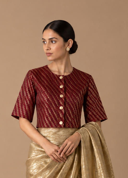 Maroon & Gold Zari Woven Blouse With Lining