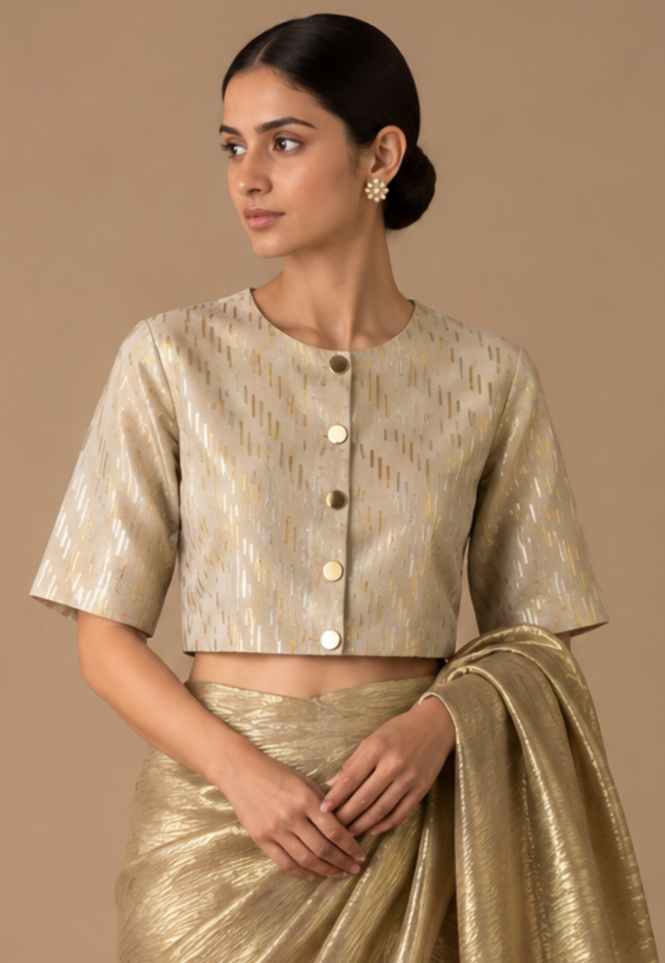 Gold Zari Sari with Offwhite & Gold Zari Woven Blouse With Lining (Set of 2)