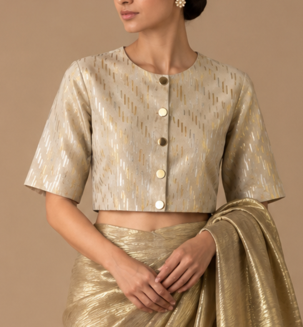 Gold Zari Sari with Offwhite & Gold Zari Woven Blouse With Lining (Set of 2)