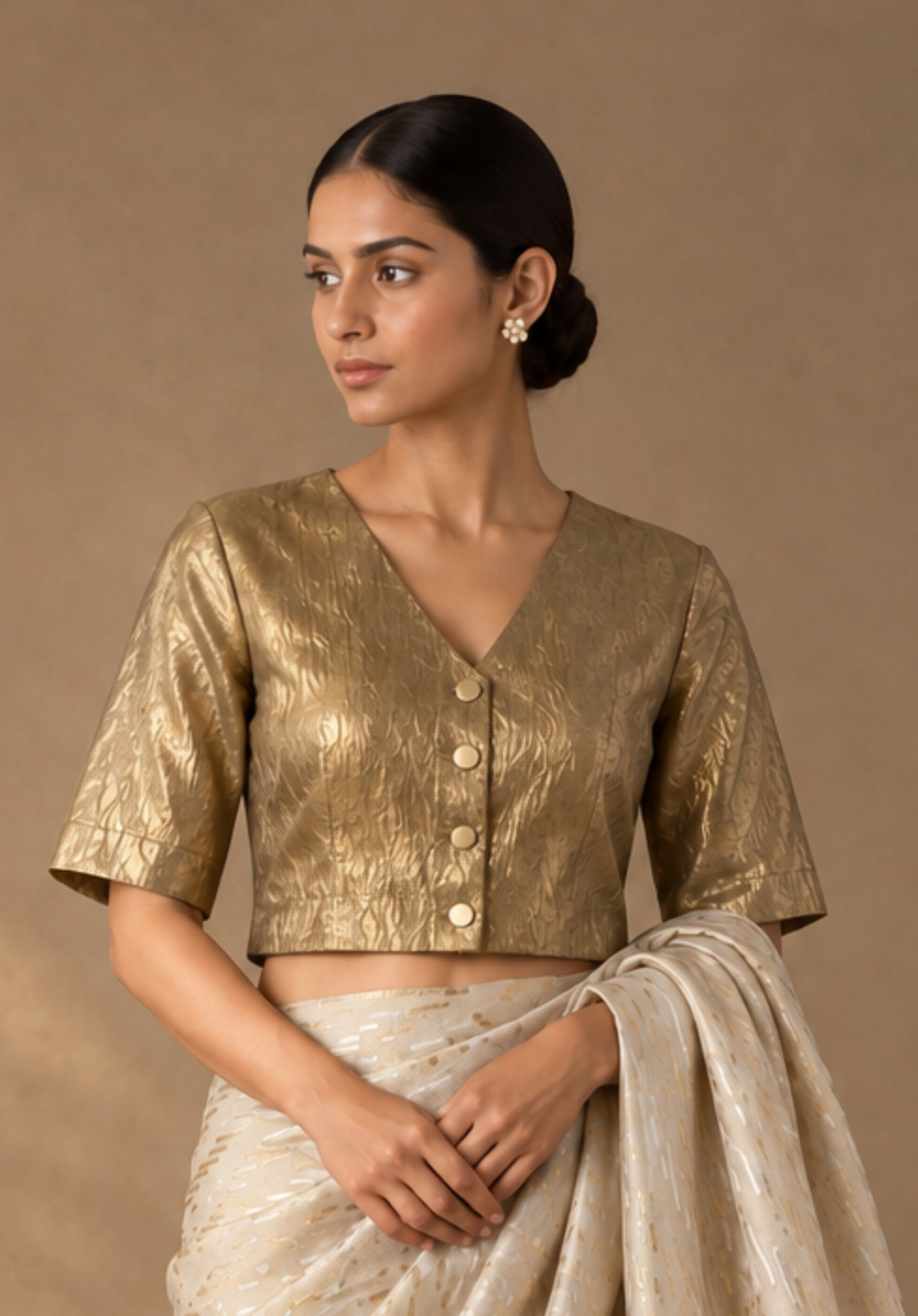 Ivory and Gold Zari Sari with Golden V Neck Blouse with Lining (Set of 2)