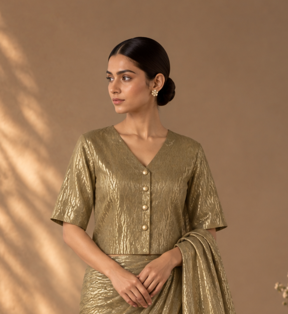 Zari Golden V Neck Blouse with Lining