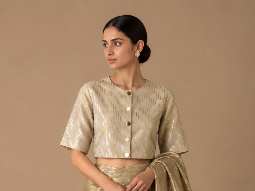 Ivory and Gold Zari Sari with Zari Blouse with Lining (Set of 2)