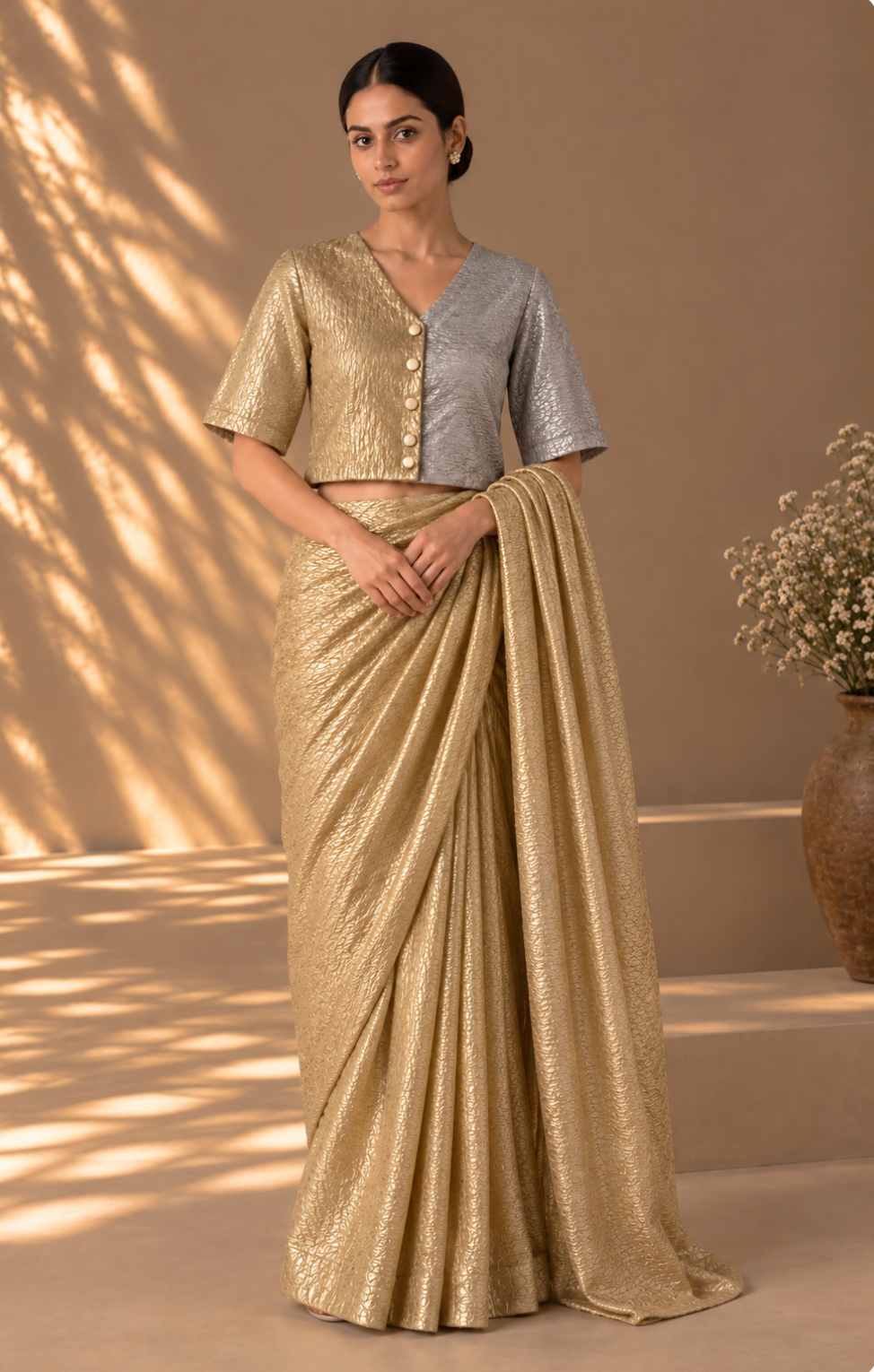 Gold Silver Medley V Neck Blouse with Lining