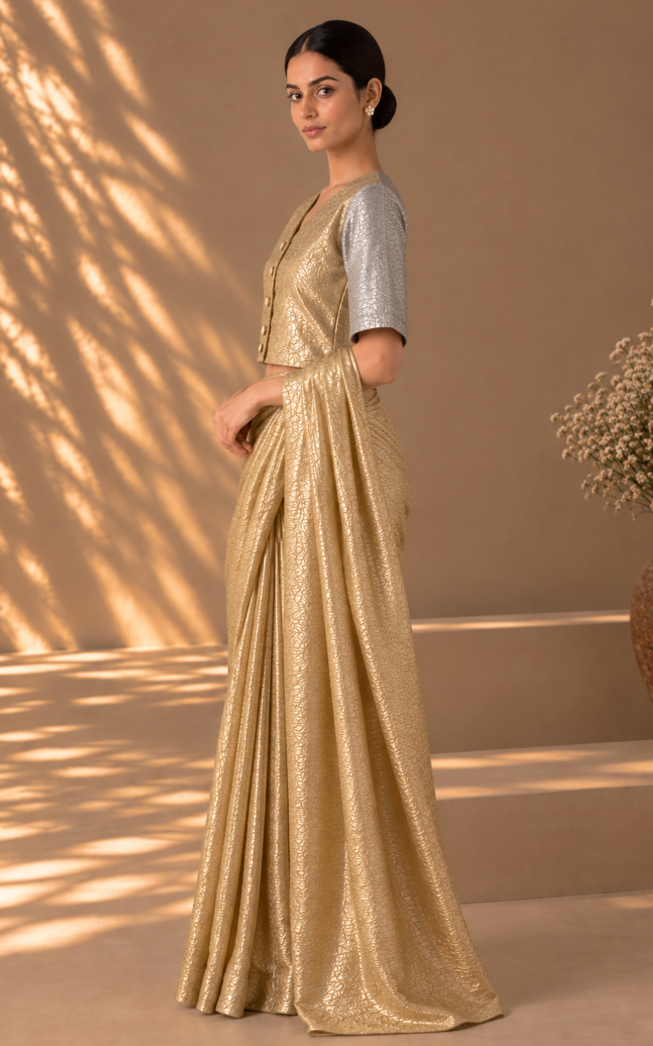 Gold Silver Medley V Neck Blouse with Lining