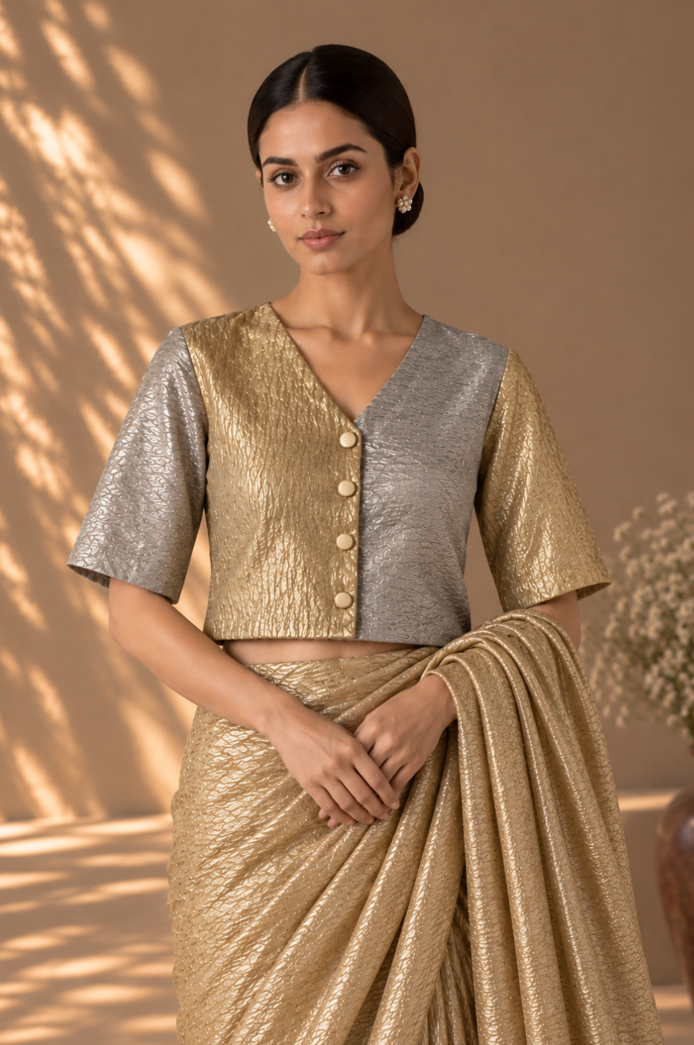 Gold Silver Medley V Neck Blouse with Lining