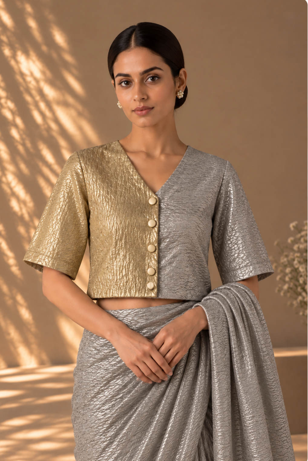 Gold Silver Medley V Neck Blouse with Lining