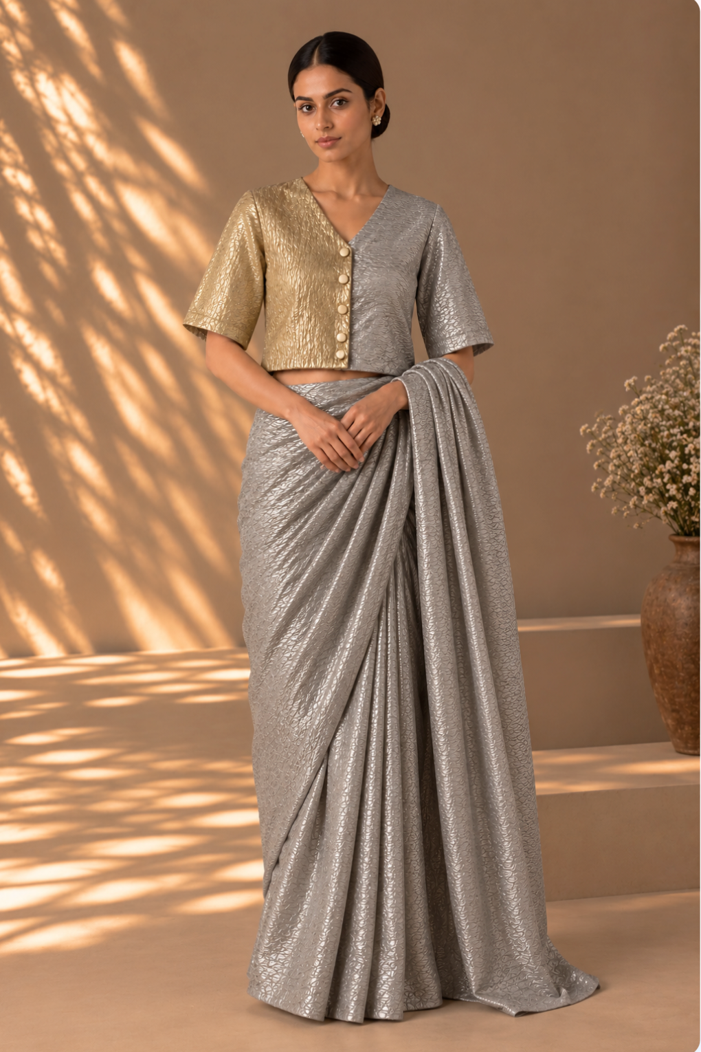 Gold Silver Medley V Neck Blouse with Lining