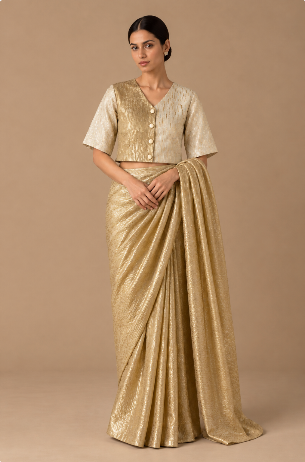 Gold Ivory Zari Medley V Neck Blouse with Lining