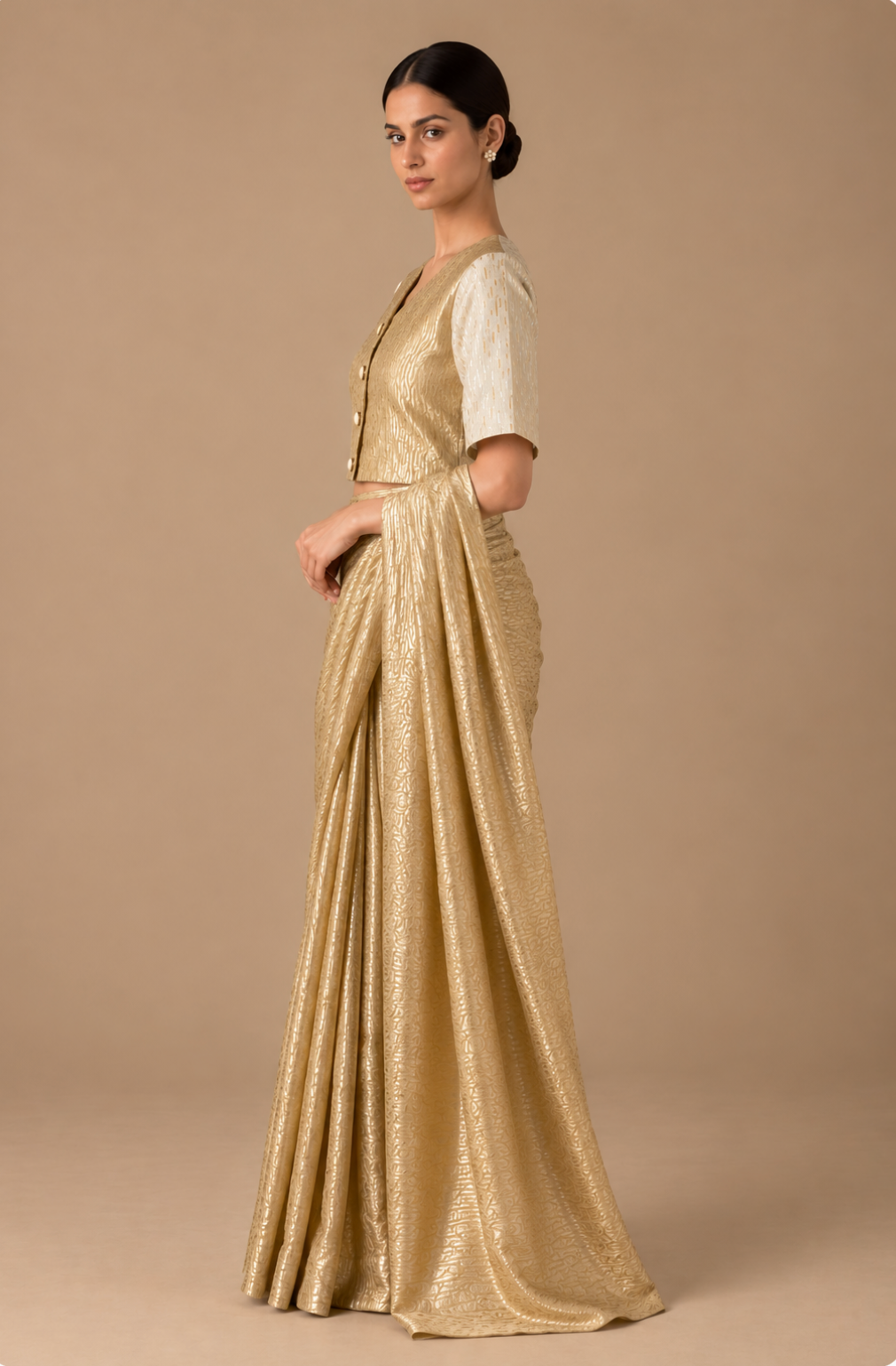 Gold Ivory Zari Medley V Neck Blouse with Lining