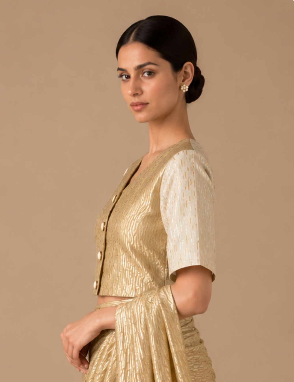 Gold Ivory Zari Medley V Neck Blouse with Lining