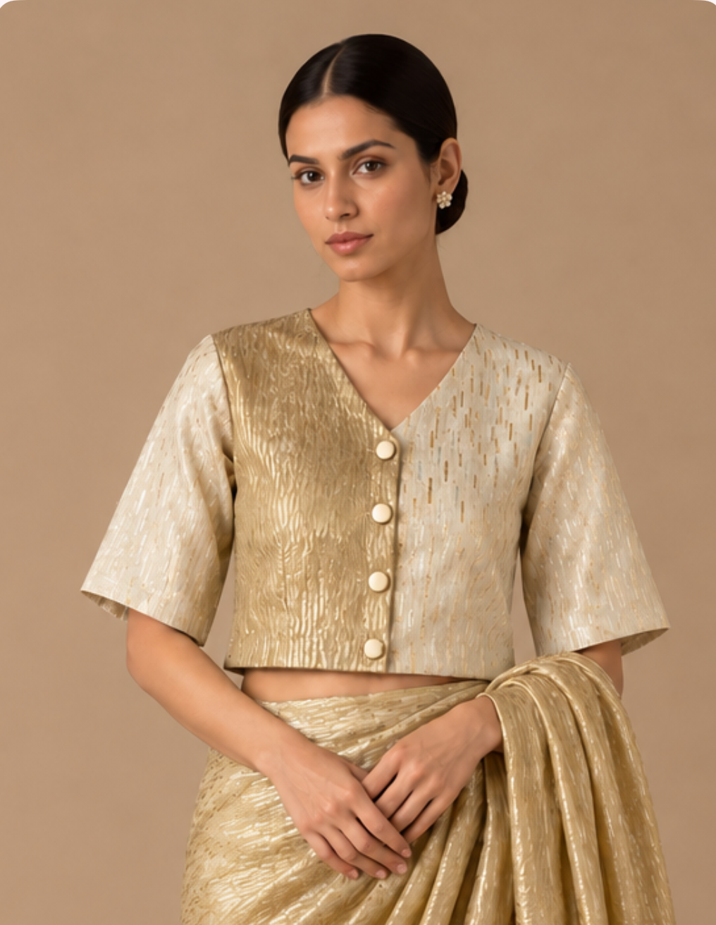 Gold Ivory Zari Medley V Neck Blouse with Lining