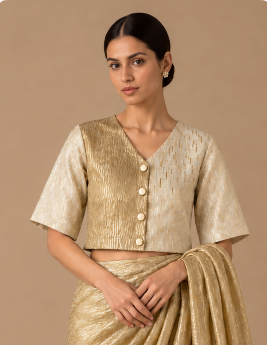 Gold Ivory Zari Medley V Neck Blouse with Lining