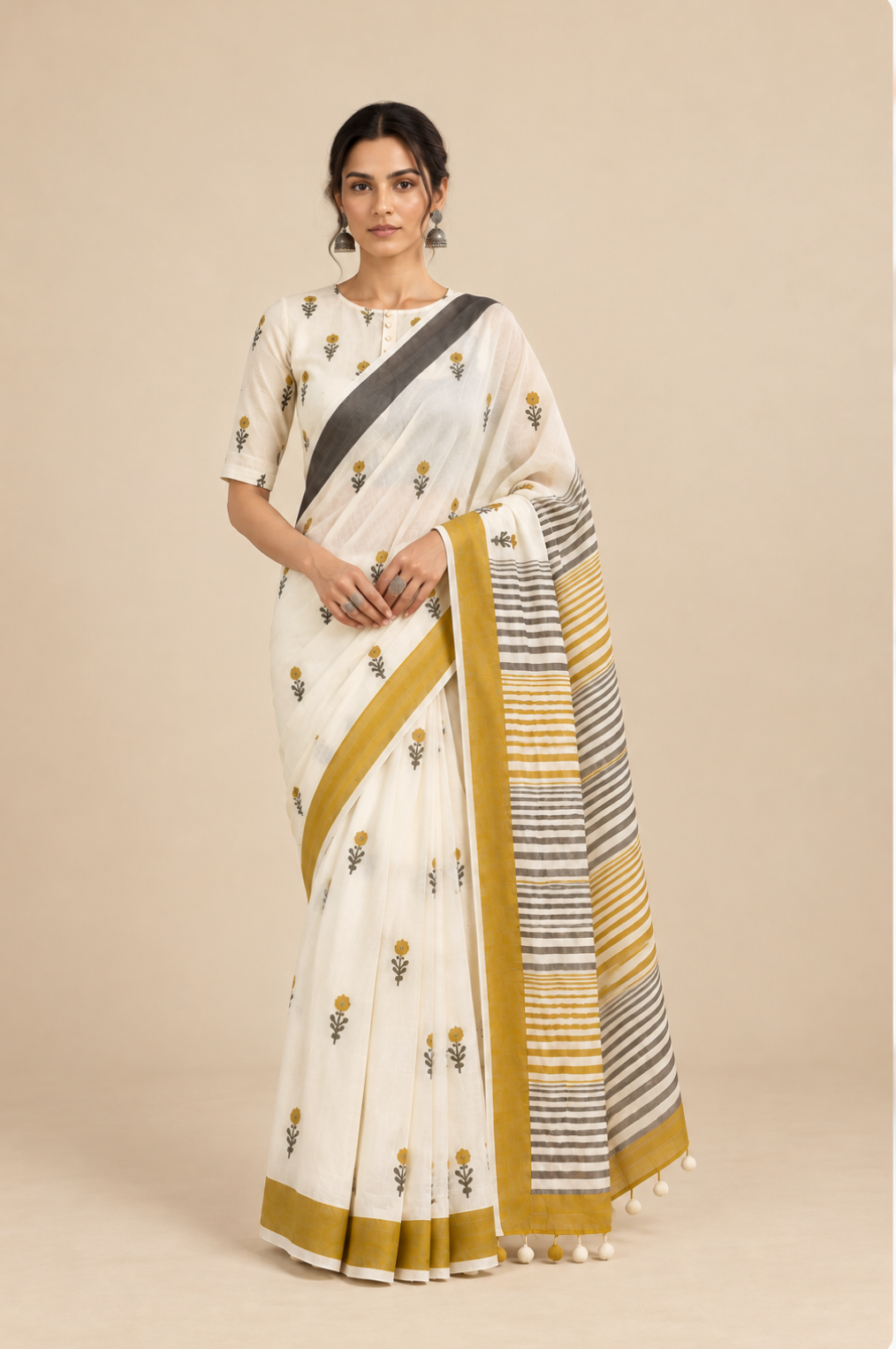 Buta Cotton Mustard Saree with Blouse (Set of 2)