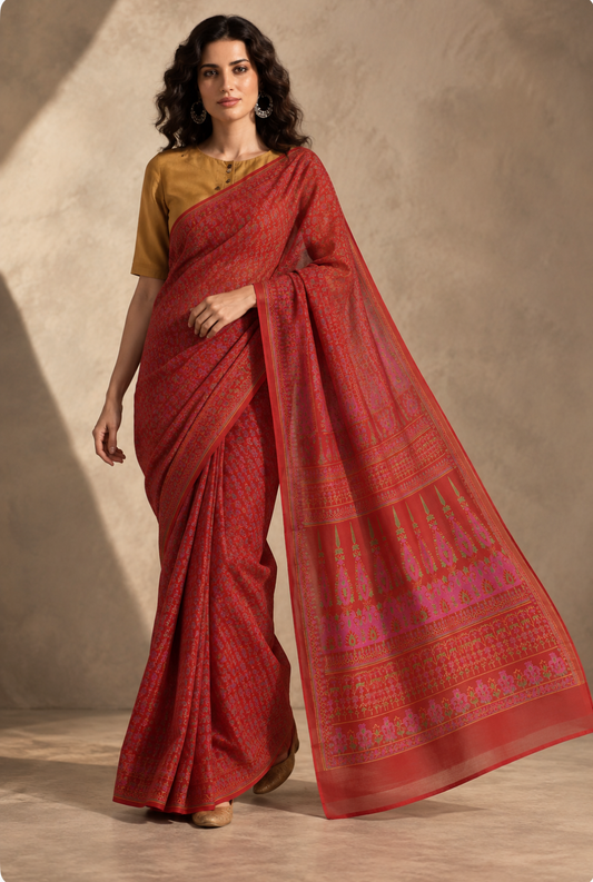 Saaz Red Cotton Saree