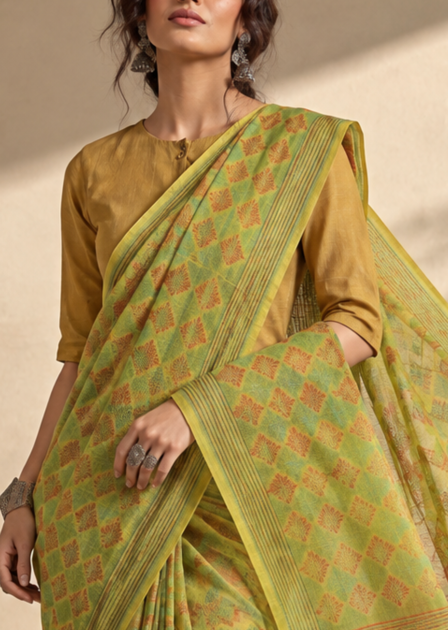 Lime Kota Doria Saree
