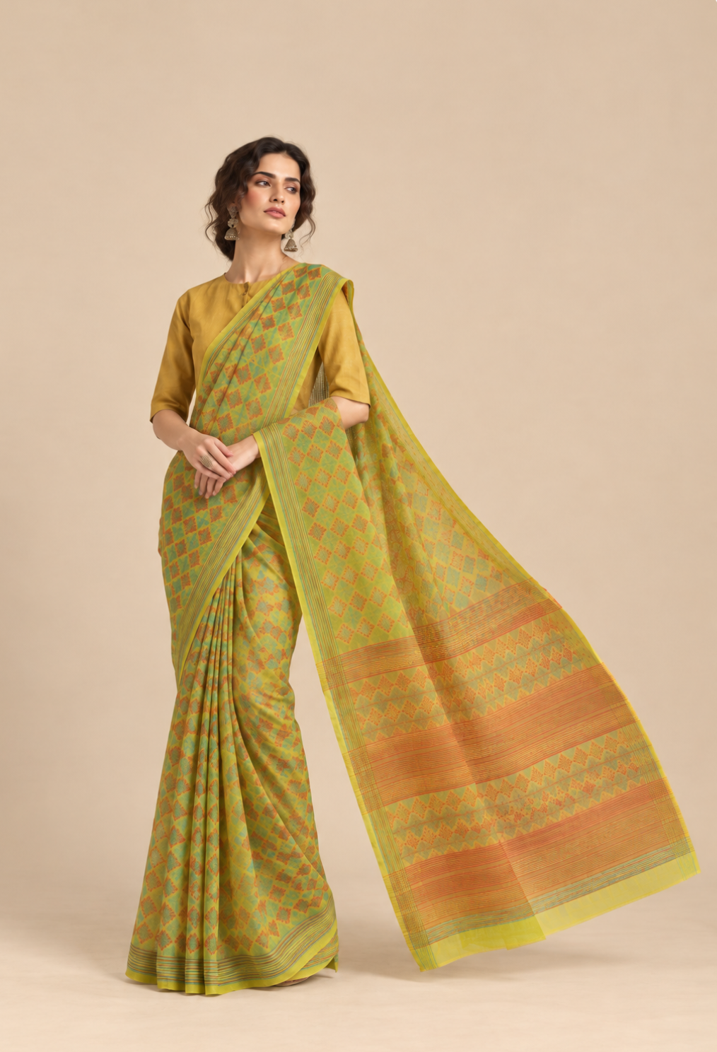Lime Kota Doria Saree