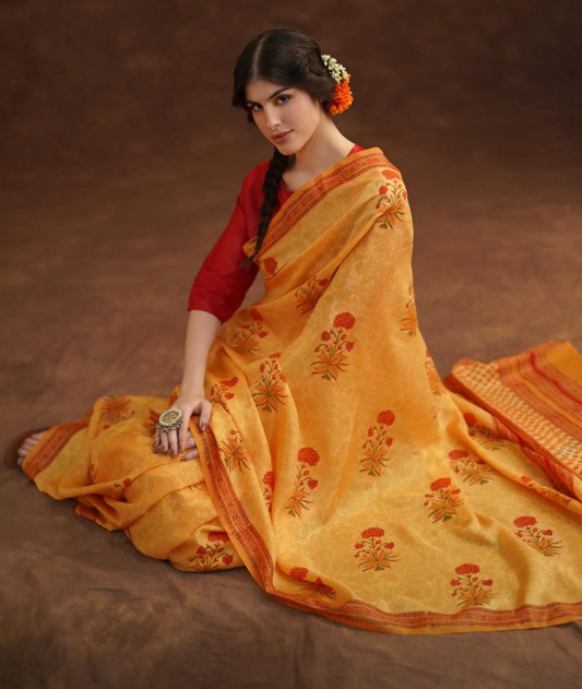 Mughal Buta Mustard  Silk Handblock Printed Saree with Tussar Blouse (Set of 2)